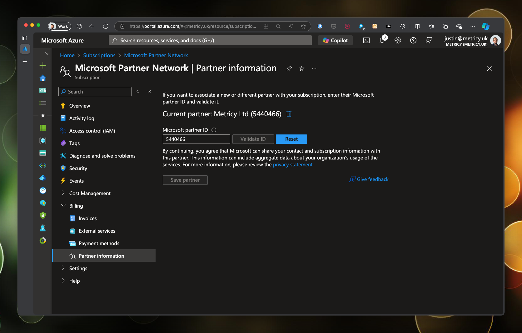 Screenshot showing the Partner information section in the Azure portal