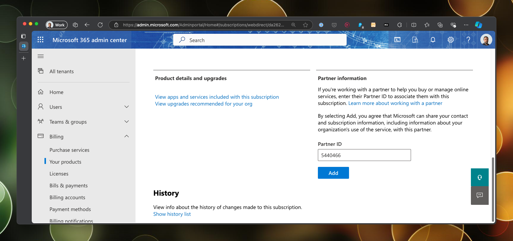 Screenshot showing the Partner information section in Microsoft 365 admin centre